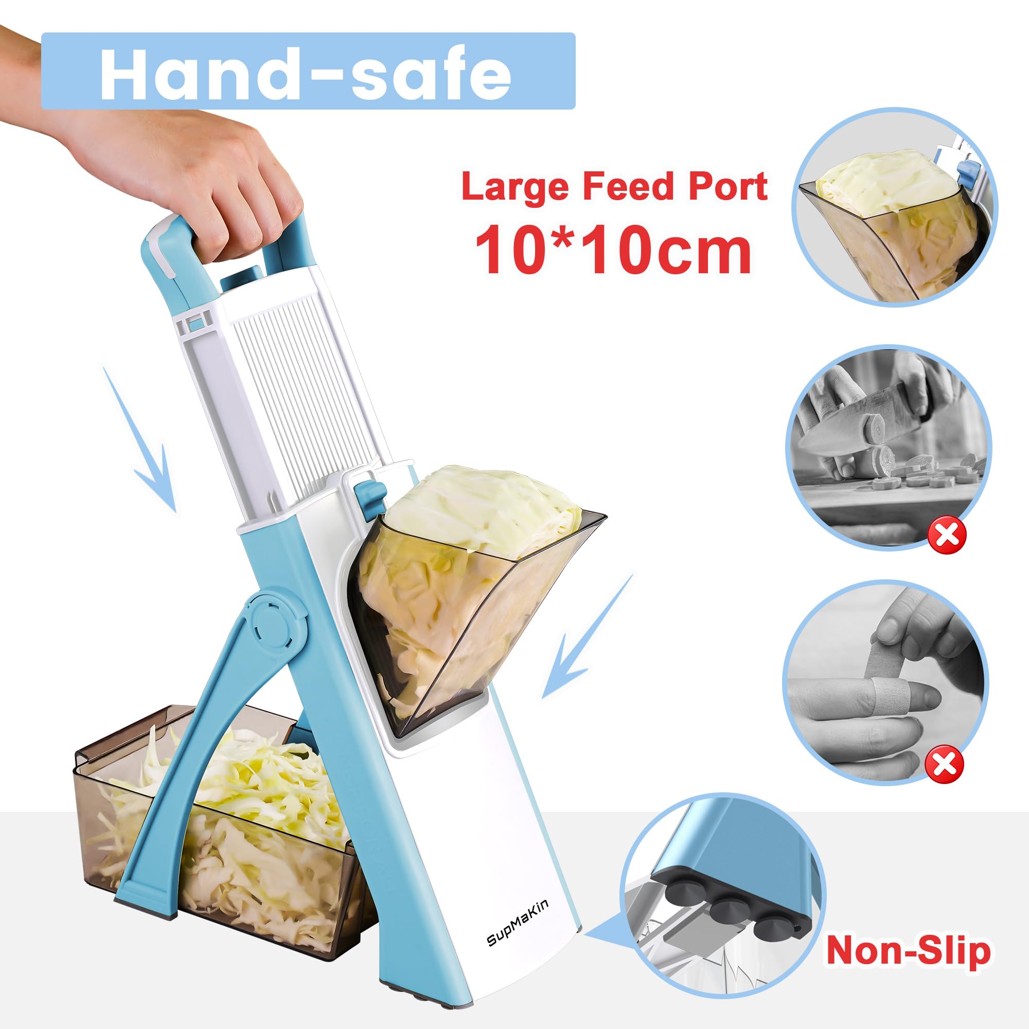 Upgrade Safe Mandoline Slicer Plus for Kitchen, SupMaKin Bigger Port Vegetable Food Potato Chopper, Adjustable Thickness, Julienne & Dicer With Vegetable Spiralizer (LightBlue)