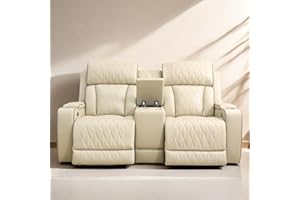 FONTOI Loveseat Recliner Sofa, Reclining Loveseat Leather Couch with Storage Console, Modern Comfy Home Theater Seating Power Recliner Chair with Cup Holders for Living Room Furniture Sets, Khaki