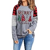 Merry Christmas Shirt for Women Leopard Plaid Christmas Tree Plus Size Long Sleeve Holiday Tee Tops