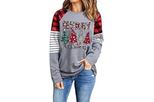 HRIUYI Merry Christmas Shirt for Women Leopard Plaid Christmas Tree Plus Size Long Sleeve Holiday Tee Tops