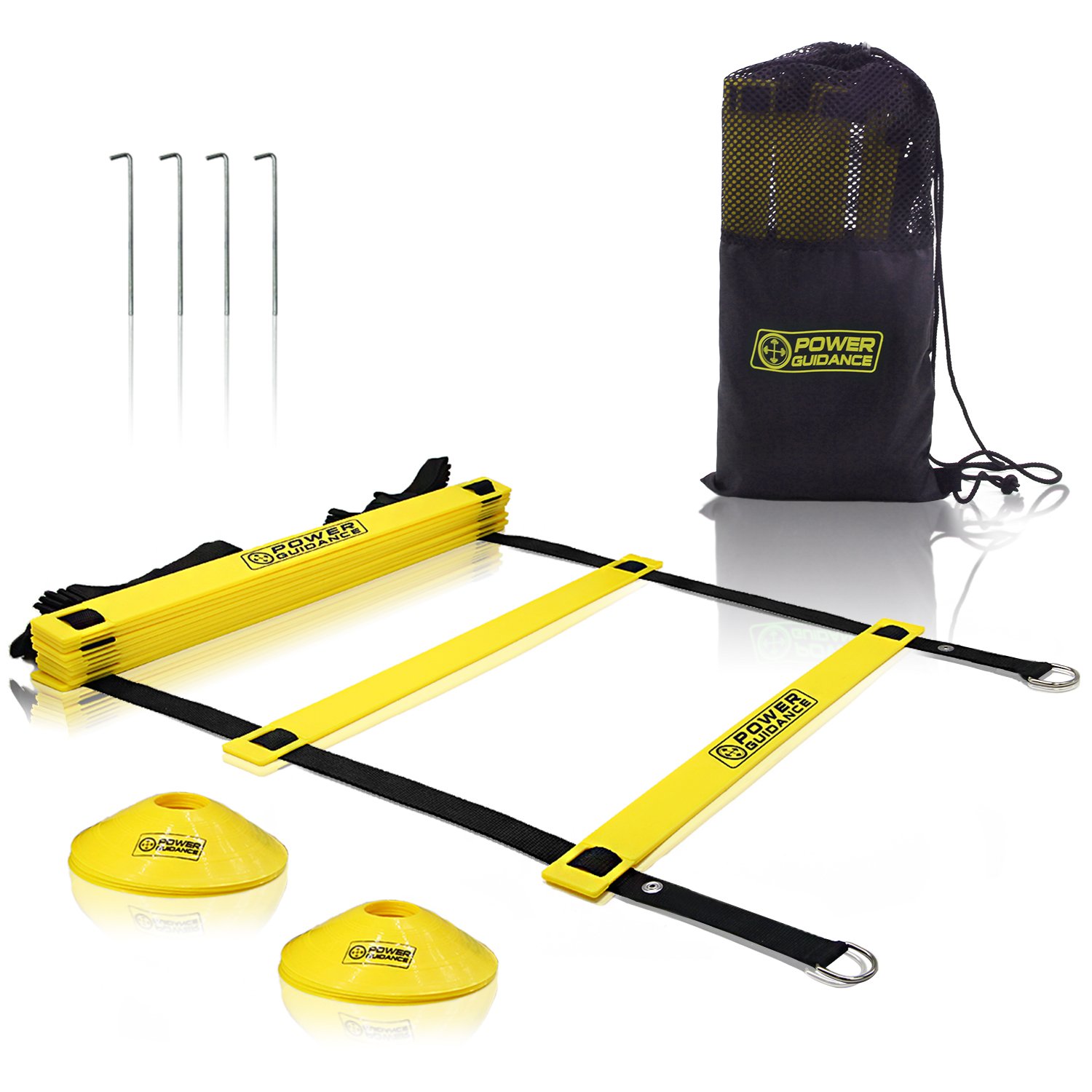POWER GUIDANCE Agility Ladder (20 Feet) for Speed & Agility Trainning - with 12 Heavy Duty Plastic Rungs, Ground Stakes, Carry Bag & 8 Sports Cones
