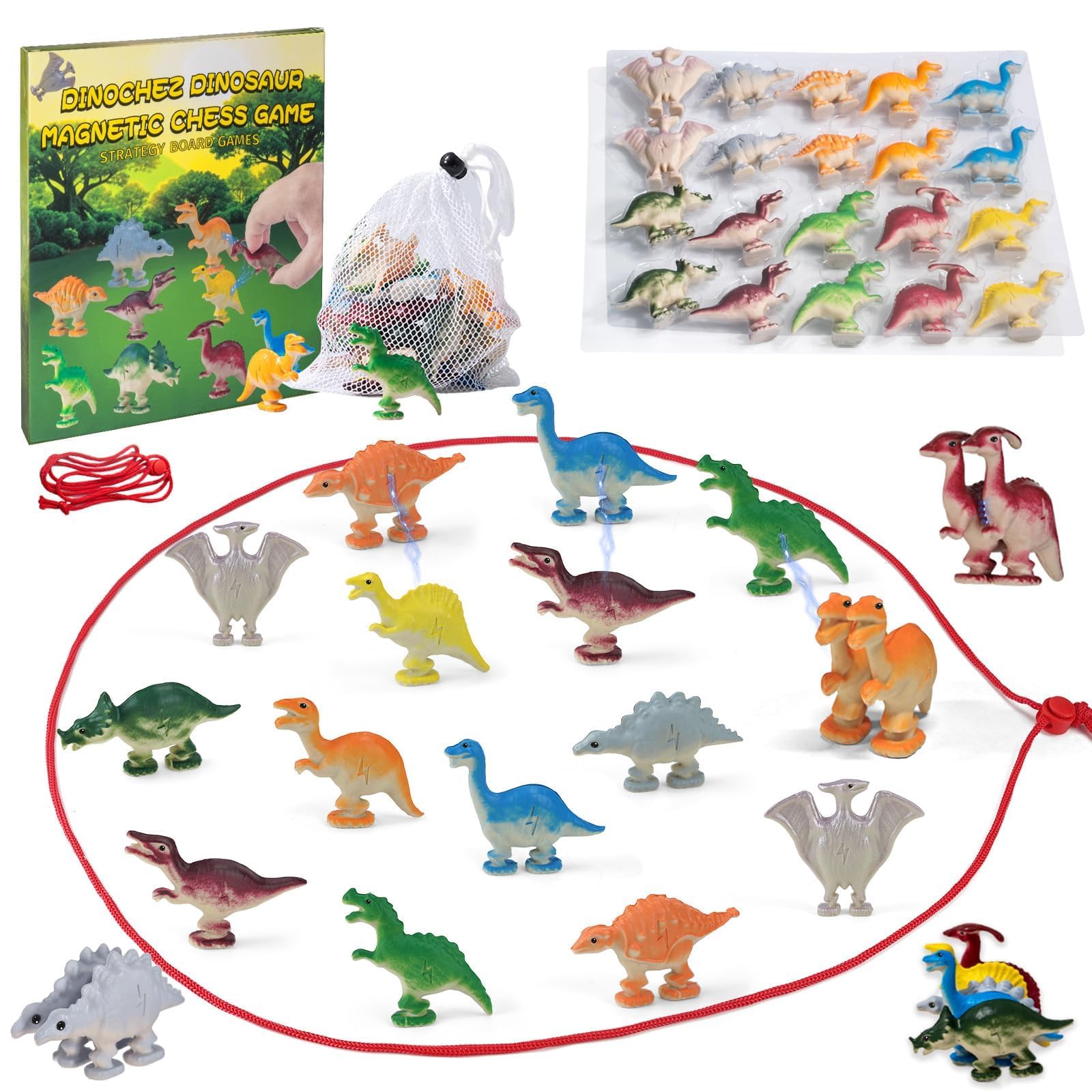 Dinosaur Magnetic Chess Game, 20 Pcs Dinosaur Stones Magnet Game with String, Strategy Board Games Chess Set Kids Games Christmas Family Games Night