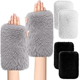 Skicuff Women Fingerless Faux Fur Gloves Plush Furry Mittens Soft Fluffy Winter Half Finger Arm Warmer Cold Weather