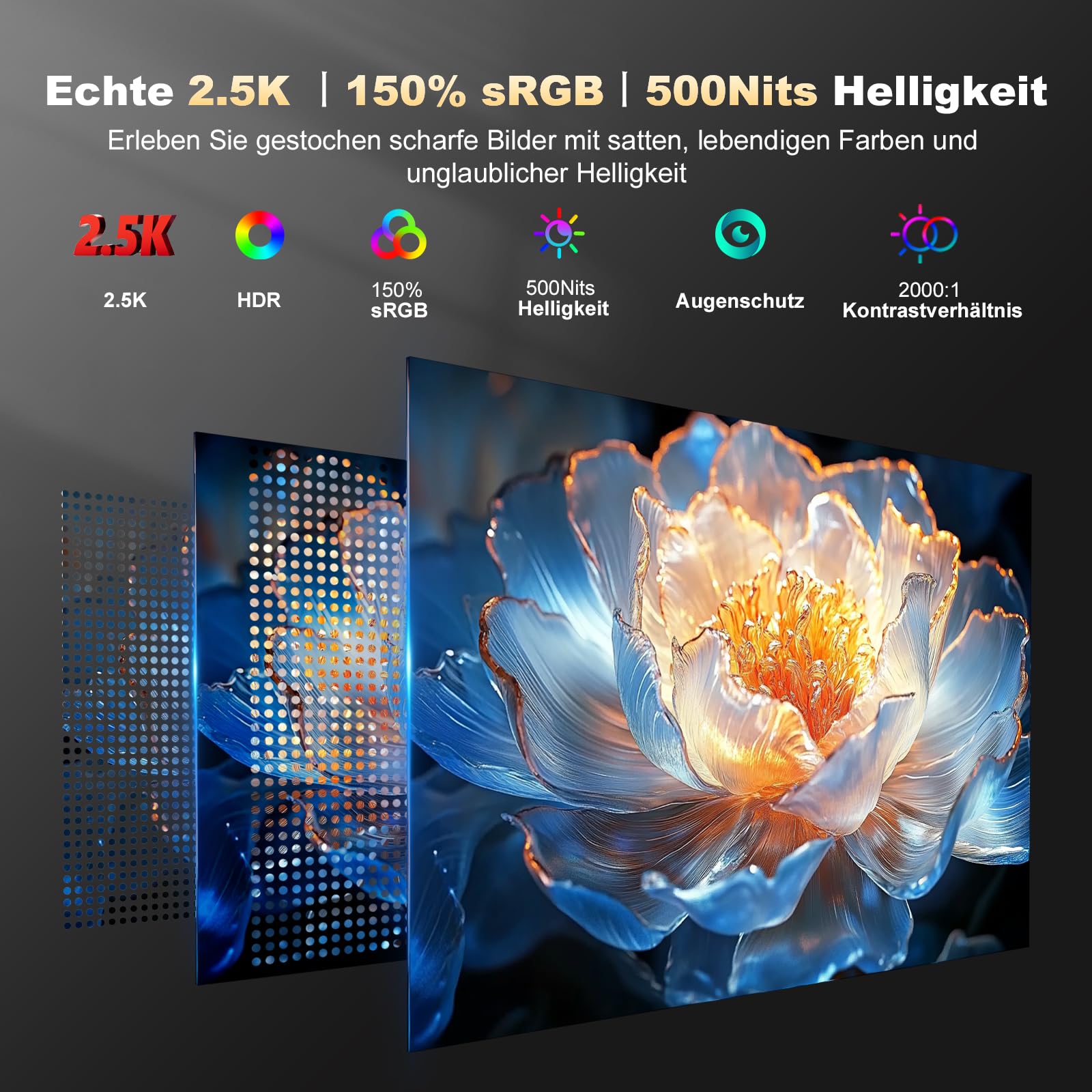 15.6 Inch Portable Monitor 2.5K - QHD 2560x1440 IPS, 500 Nits, 150% sRGB, HDR, USB-C/HDMI, Eye-friendly, Second Screen for Mac, Laptop, Mobile Phone, PC, PS5, Xbox with Smart Case