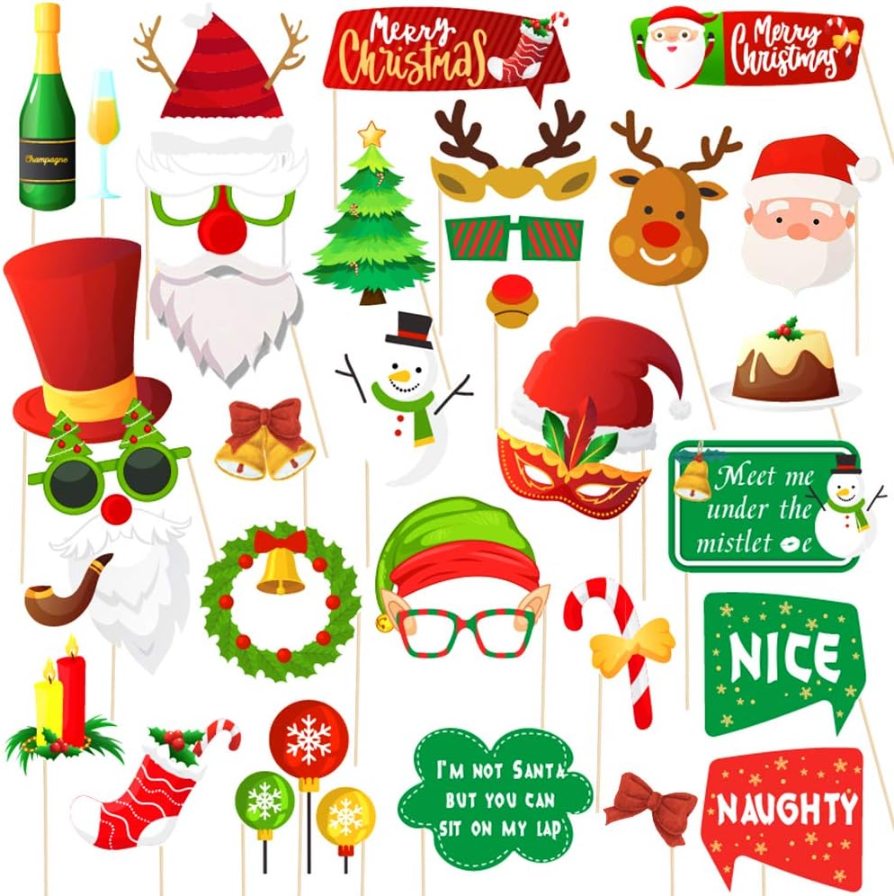 Christmas Photo Booth Props 34pc Artist Rendered Christmas Games for Party Supplies DIY Funny Xmas Selfei Props Accessories for Christmas Theme Party Favors Decorations Decor Supplies with Sticks