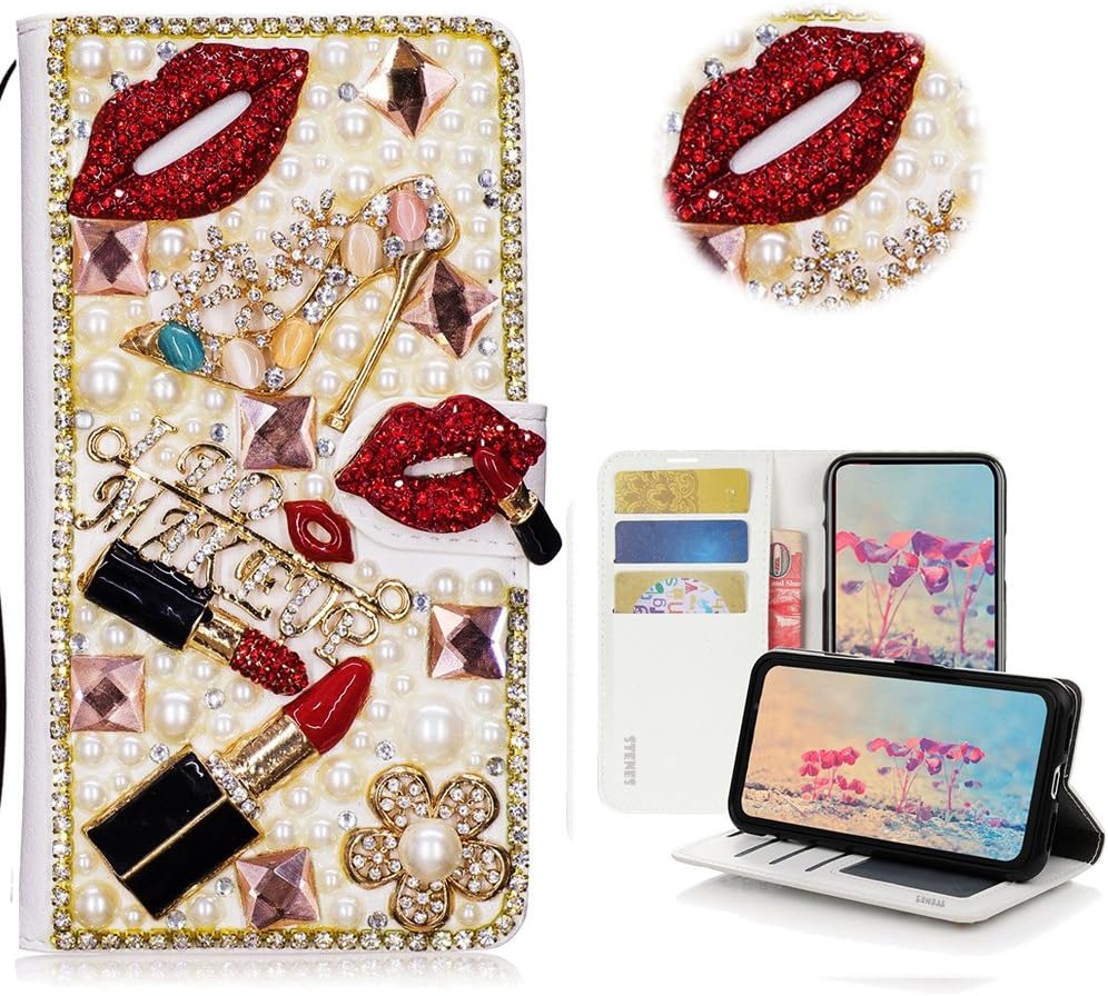 STENES Bling Case Compatible with Galaxy S10 Plus - Stylish - 3D Handmade Lipstick Girls High Heel Flowers Magnetic Wallet Leather Cover Compatible with Samsung Galaxy S10 Plus 6.4 Inch - Red