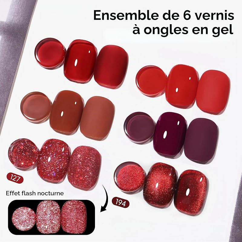 Vernis Semi Permanent Rouge, 6 Couleurs Bourgogne Foncé Paillettes Cat Eye Vernis à Ongles Soak-Off UV/LED French Manucure Gel Ongle UV pour Salon DIY Home 10ml