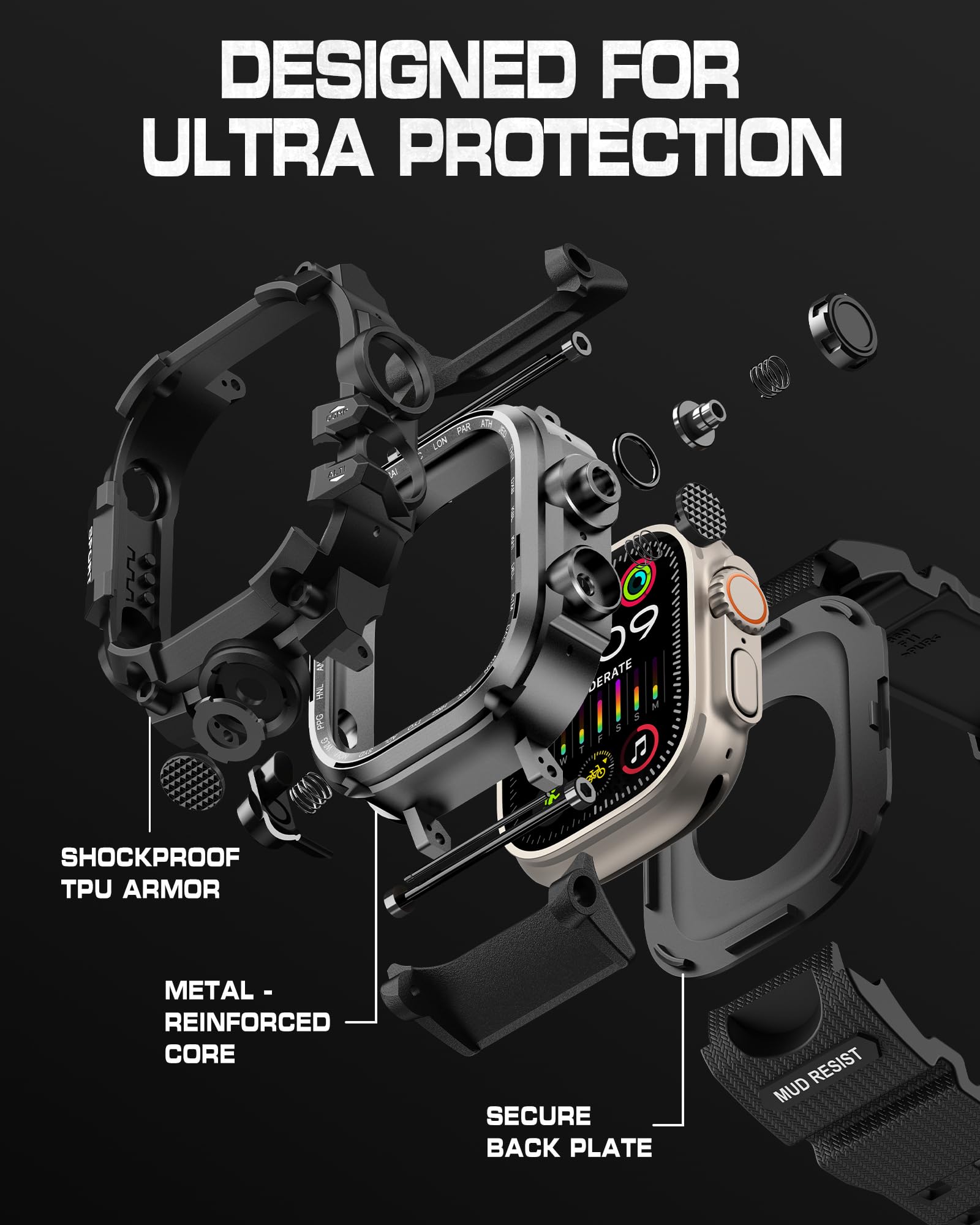 amBand Rugged Case with Band for Apple Watch Ultra 3/2/1 49mm, M3 Military Grade Shockproof Cover, Includes Screen Protector Kit, Tactical Band for Men - Compatible with iWatch Ultra, Matte Black