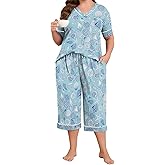 Lastshe Plus Size Womens Pajama Set 2 Piece V Neck Short Sleeve Capri Pants Loungewear Pjs Lounge Set Knit Soft with Pockets