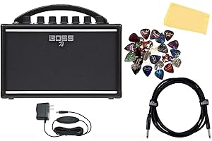 Boss Katana Mini Guitar Amplifier Bundle with Gearlux Power Supply, Instrument Cable, Austin Bazaar Exclusive 24-Pack Picks, and Polishing Cloth