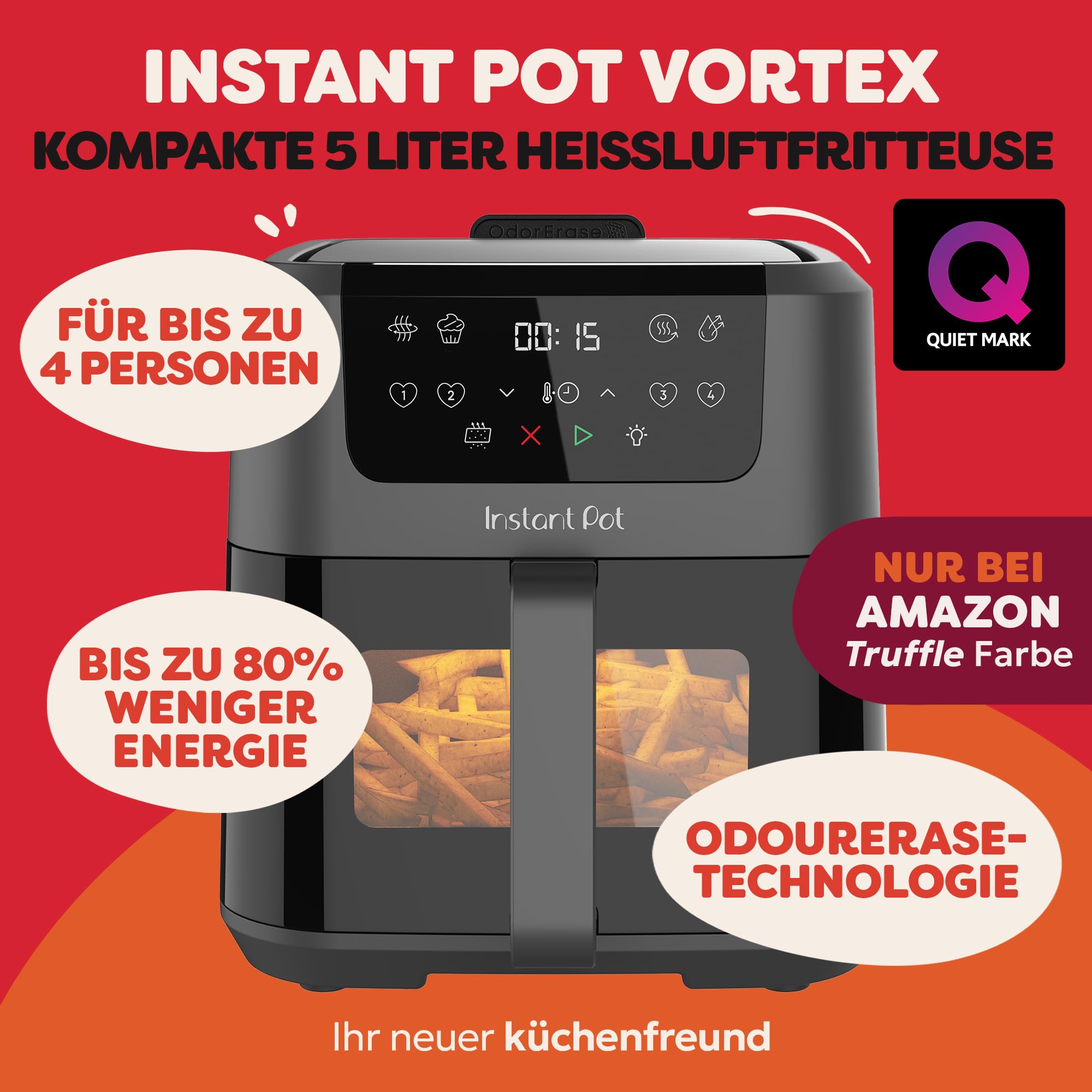 Instant Pot - Vortex Compact Truffle-Heißluftfritteuse - 5 l Korb, Familiengröße, 4 in 1 - Heißluftfrittieren, Dörren, Backen, Aufwärmen, Antihaftbeschichtung, Leicht zu reinigen, Spülmaschinenfest 2