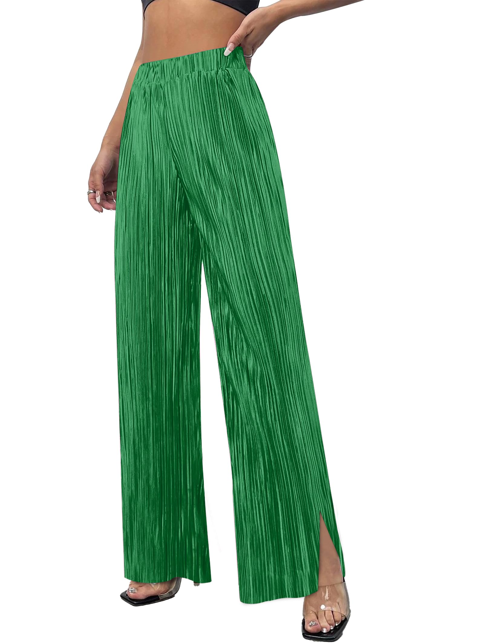 Photo 1 of CXXQ Lounge Pants for Women Loose High Waisted Wide Leg Pleated Palazzo Plisse Pants with Pockets Kelly Green XL