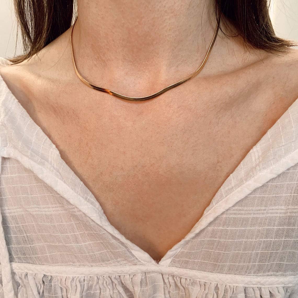 CHESKY 14K Gold/Silver Plated Flat Snake Chain Adjustable Punk Herringbone Choker Necklace Snake Bone Chain Calvice Chain Omega Chain Choker Necklace Dainty Jewelry for Women 3/5MM(W) 13"/16"(L): Clothing