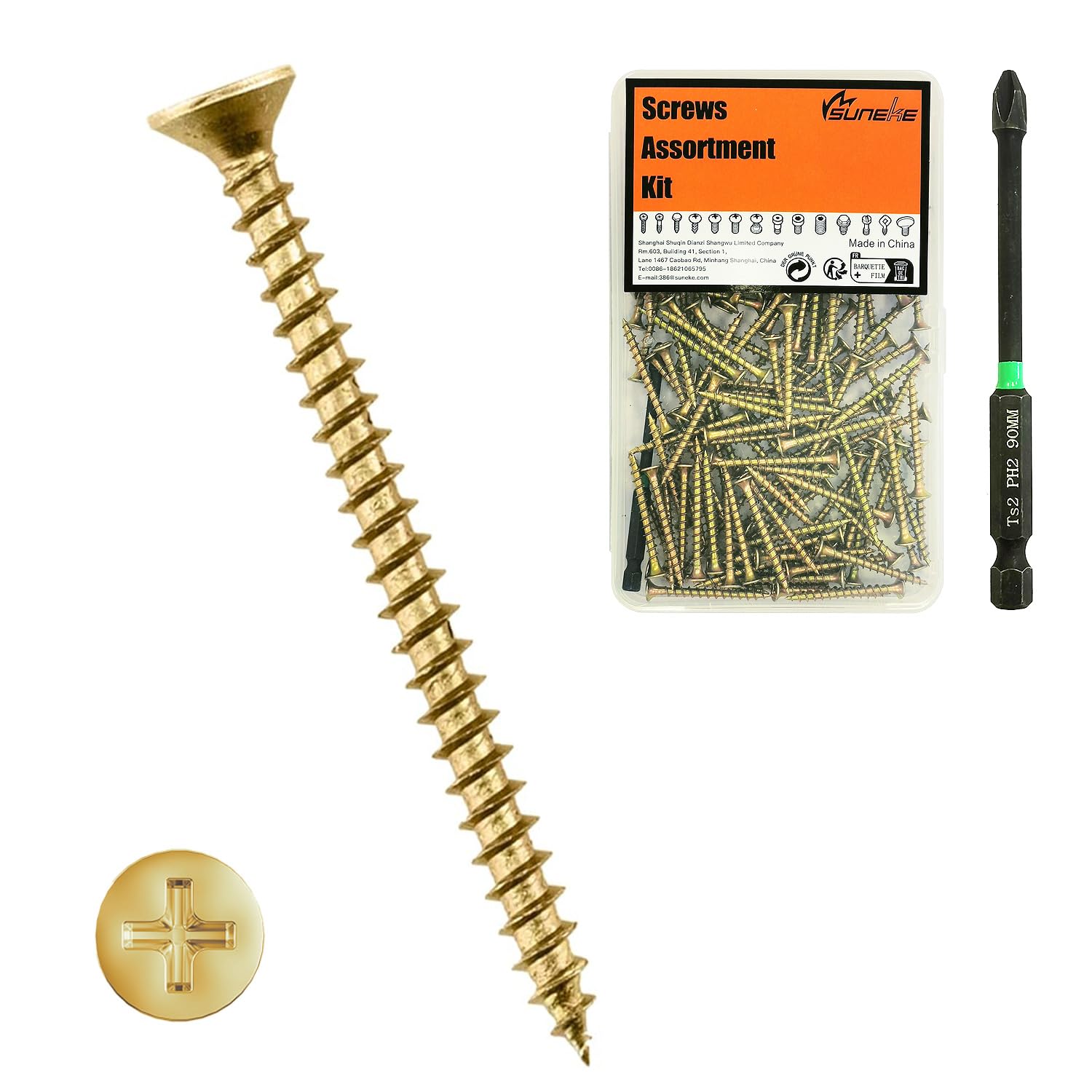 Suneke 200PCS M3.5 X 40mm High Hardness Drywall Screws, Zinc, Fine Thread, Phillips Drive, Bugle Head, Wood Screws with Organizer Box & 1 Phillips PH2#2 Long Bit