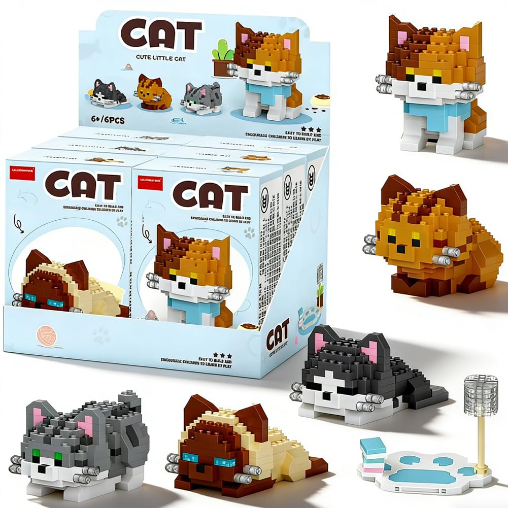 Cat Building Blocks,6 Pcs Cats Building Toy Cute Cat Mini Building DIY Micro 3D Building Toy Bricks Cute Construction Toys Creativity Plastic Particle Building Toys Birthday Gifts for Age 14+Teens