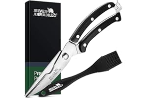 SILVER ARMADILLO Heavy Duty Stainless Steel Poultry Shears For Bone, Chicken, Meat, Fish, Seafood, Vegetables. Premium Spring Loaded Food Scissors. One piece Kitchen Shears. (Black Wooden Handles)