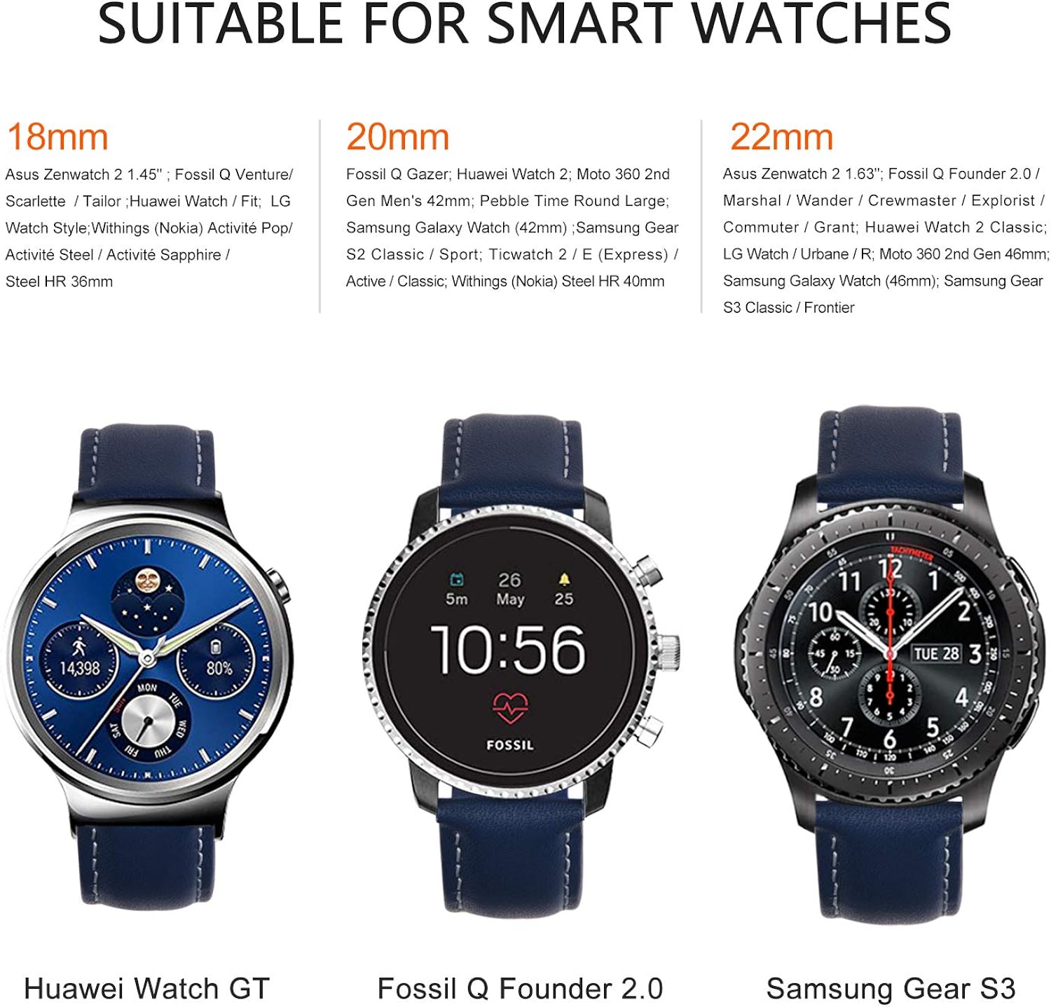 Fullmosa Compatible Samsung Galaxy 46mm/Gear S3 Frontier/Classic Watch Bands, Quick Release Leather Smart Watch Band for Garmin Vivoactive 4 and Active, 22mm Watch Band, Dark blue + silver buckle | 