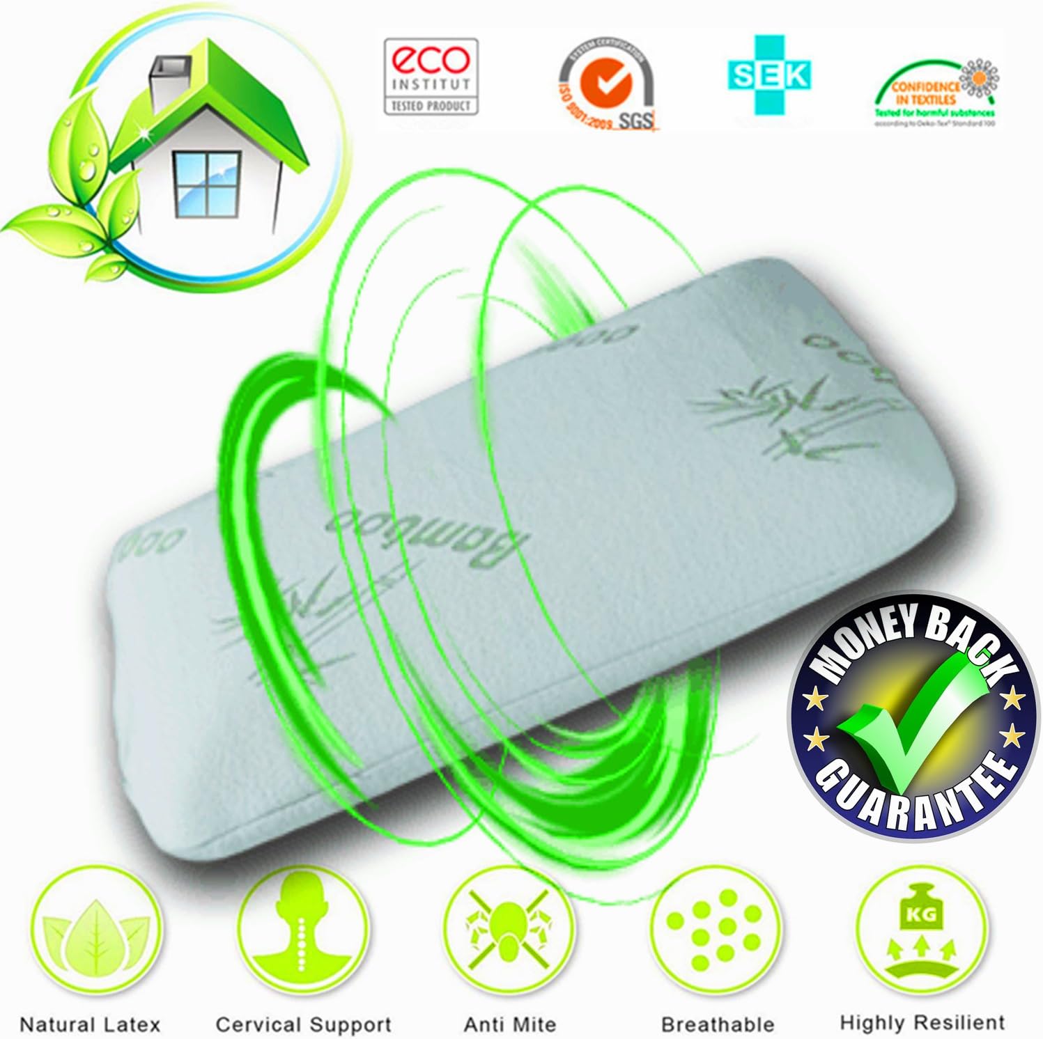 Latex Pillows Foam Anti Snore Deep Sleep Mite Allergic Luxurious Comfort Massage Natural with Ventilated Filler Contoured Medium Outside Travel Beding For Neck Pain 100% (Bamboo Green, 60cm x 40cm x 14cm)