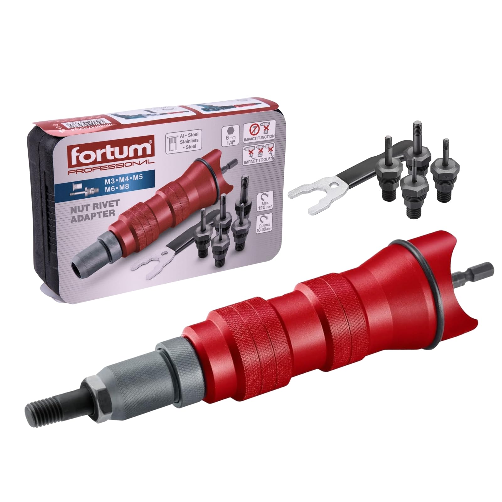 Fortum Rivet nut Attachment for Cordless Screwdriver & Drill I Riveter for Rivet Nuts Made of Aluminium, Steel & Stainless Steel I Blind Rivet Attachment for M3-M8 Nuts I Rivet Gun Adapter