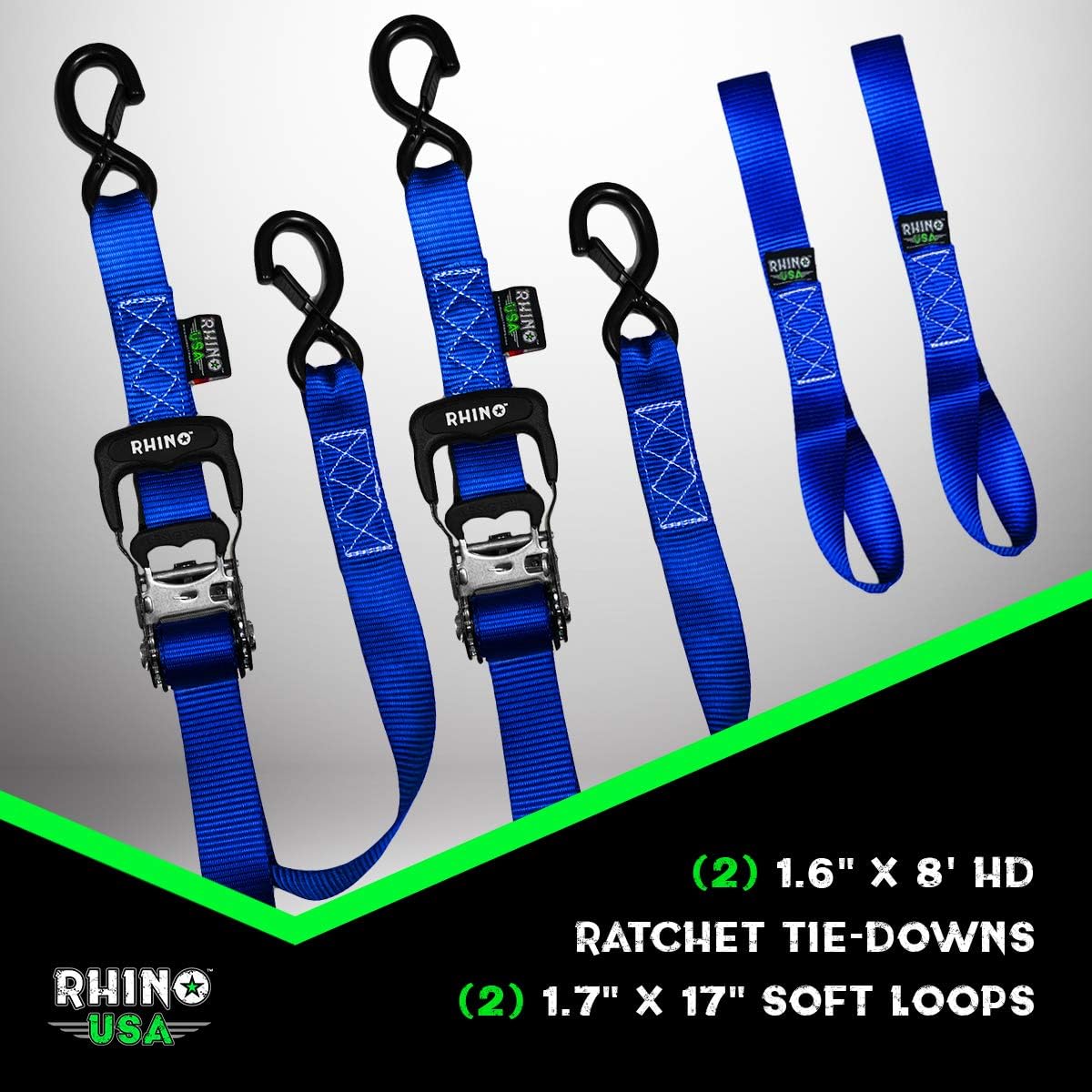 RHINO USA Ratchet Straps Motorcycle Tie Down Kit, 5,208 Break Strength - (2) Heavy Duty 1.6" x 8' Rachet Tiedowns with Padded Handles & Coated Chromoly S Hooks + (2) Soft Loop Tie-Downs (Blue): Home Improvement