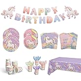 Zotmala Birthday Party Supplies Kit for 24 Guests, 170 Pcs for Unicorn Birthday Decorations, Includes Dinner & Dessert Plates, Napkins, Cups, Cutlery, Banner and Tablecloth