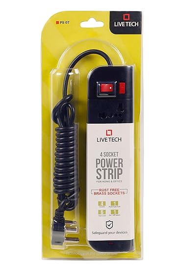 Live Tech PS07 Power Strip with 4 Sockets Rust Free, 6ft Extension Cord 3 Pin Plug Spike Guard ABS Virgin Plastic (Black)