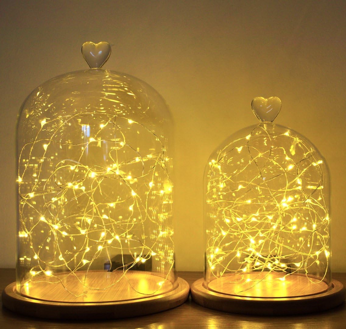 Wimports Glass Cloche | Glass Heart Topped | Bell Jar Display Dome | Bamboo Base | 2 (Regular without Lights)