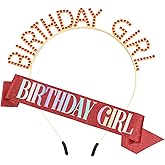 PQRUU Glitter Birthday Sash, Tiara and Rhinestone Headband Set - Women's Red Birthday Girl Accessories and Decorations