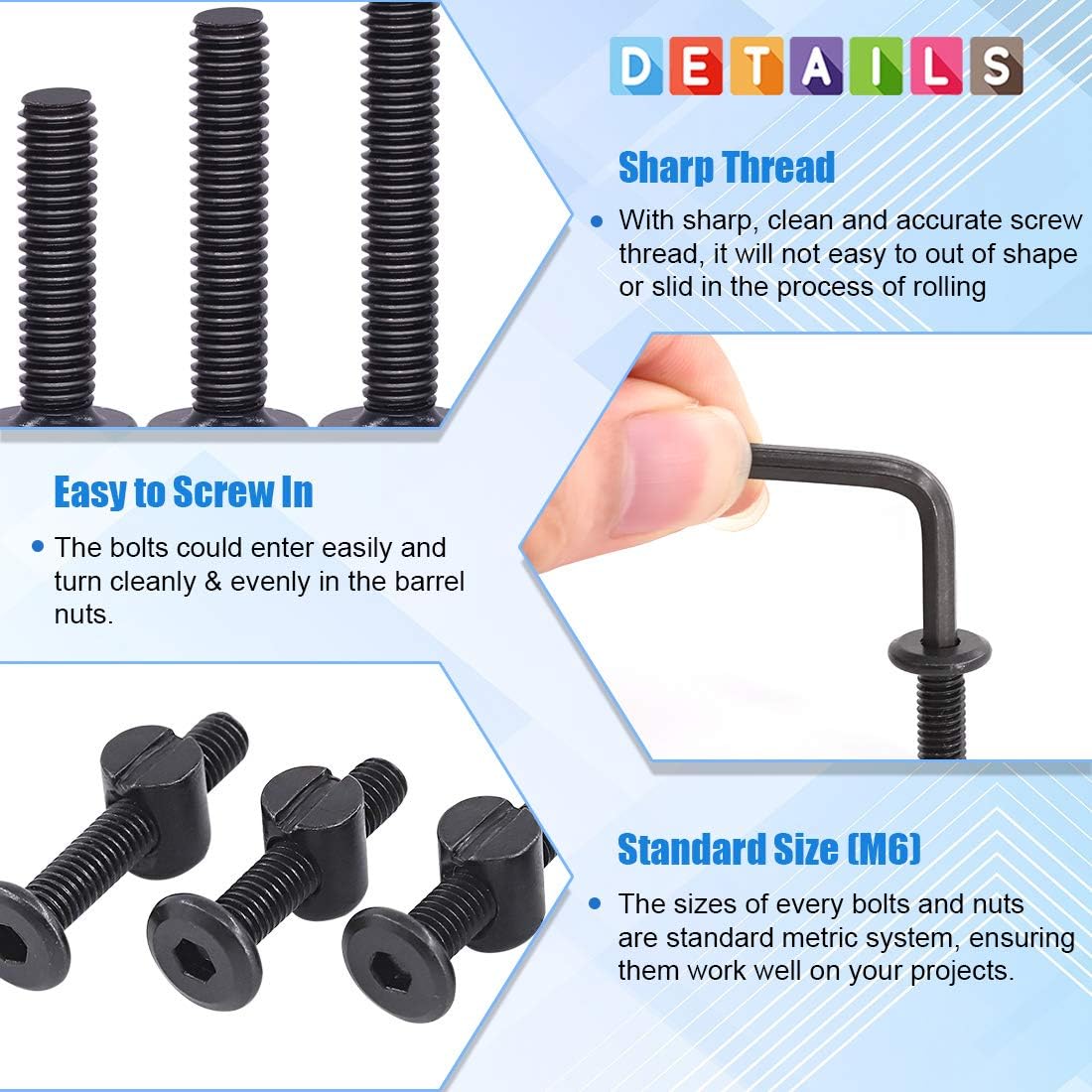 Glarks 120Pcs M6x15/20/25/30/35mm Black Hex Socket Cap Bolt and Barrel Nut Assortment Kit with a Allen Wrench for Crib Baby Bed Cots Furniture - Image 5