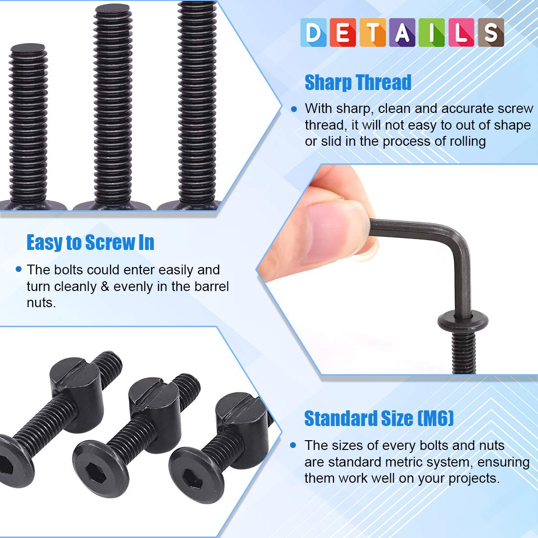 Glarks 120Pcs M6x35/45/55/65/75mm Black Hex Socket Cap Bolt and Barrel Nut Assortment Kit with a Allen Wrench for Crib Baby Bed Cots Furniture - Image 5