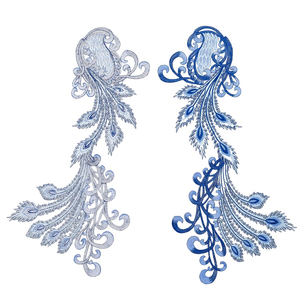 HOBBIESAY 2Pcs Blue Peacock Feathers Embroidered Lace Neckline Collar Warm Tone Embroidered Patch Craft Lace Sewing Embroidered Patch Bird Embroidery Flower for Decorate Jeans, Hats, Clothing