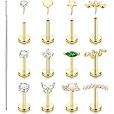 YADOCA 20G/18G/16G Threadless Nose Studs for Women Hypoallergenic Surgical Steel Flat Back Stud Earrings 14K Gold Plated Push in Nose Rings Studs CZ Lip Labret Cartilage Helix Tragus Piercing Jewelry