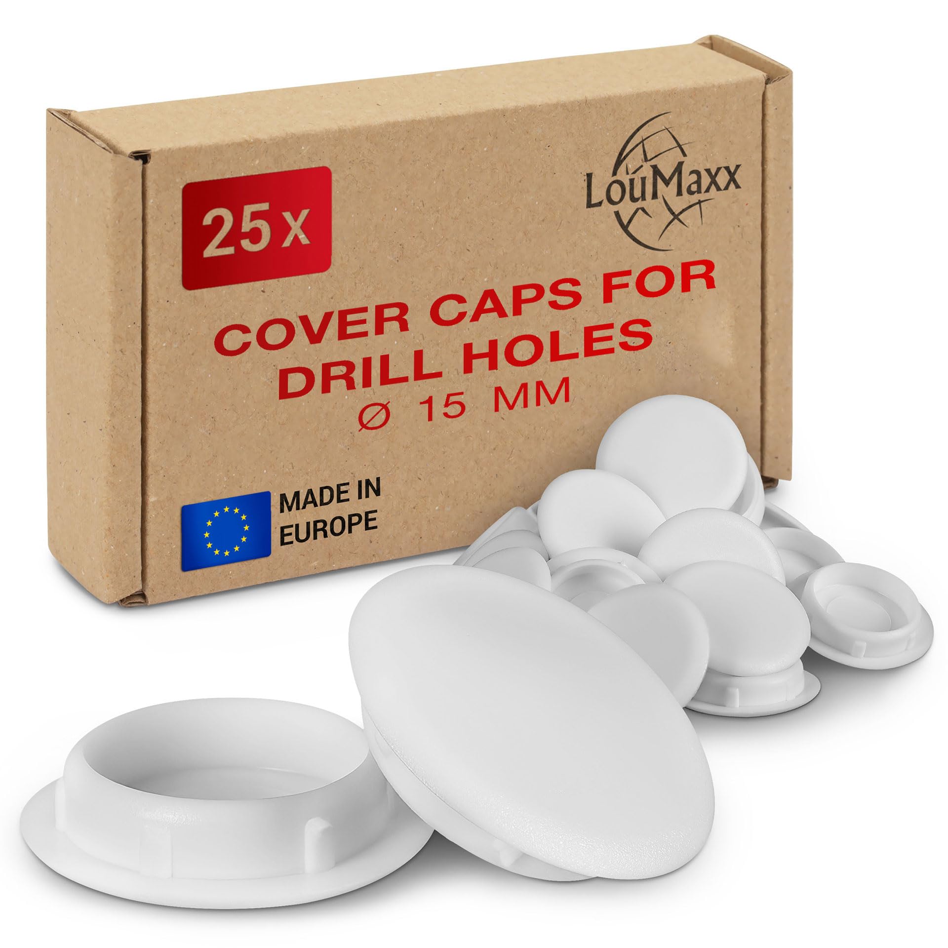 LouMaxx Cover Caps for Drill Holes 15 mm - Set of 25 White Plastic Plugs - UV-Resistant, Made in Europe