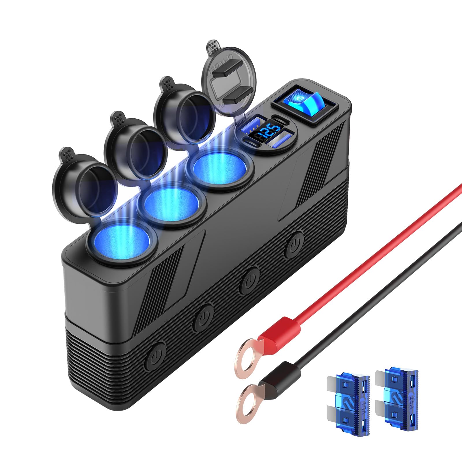 12V 24V Car Charger Socket Splitter with 10FT/3M Cable, 3 Cigarette Lighter Socket Multi 4 Port Adapter Plug with LED Display Master Switch Independent Switch,12 Volt Power Outlet with Eyelet Terminal