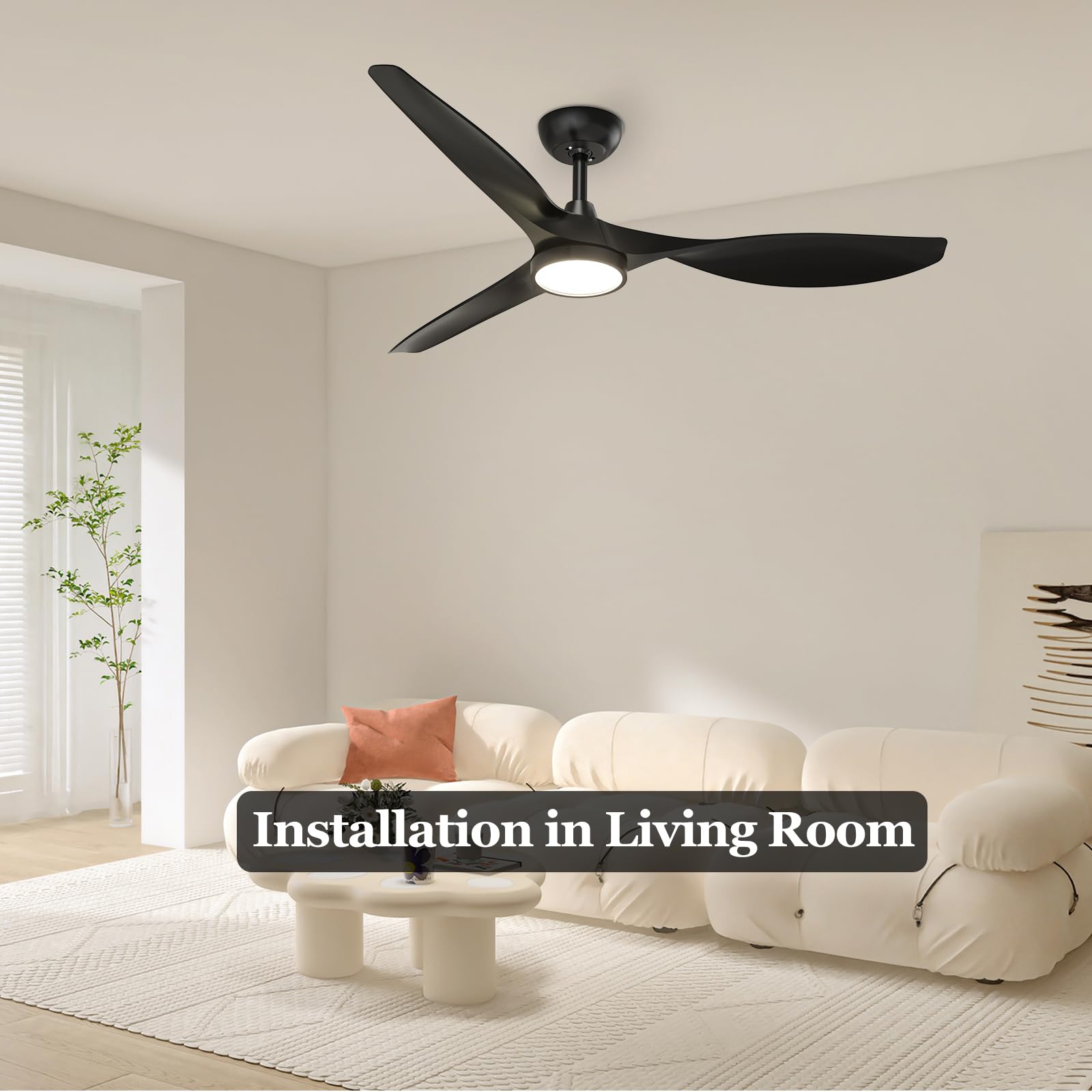 Roomratv Ceiling Fans with Lights, 52 Inch Ceiling Fan with Light and Remote, Black Ceiling Fan, DC Motor, 6 Speed, Quiet Noiseless, 3 CCT, Reversible, Plastic Blades, Indoor for Living Room Bedroom
