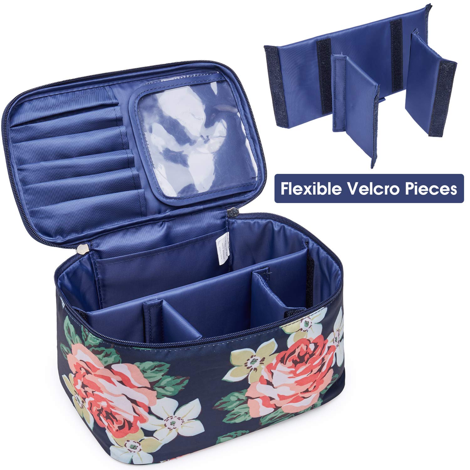 Travel Makeup Bag Large Cosmetic Bag Makeup Case Organizer for Women and Girls (Large, Blue Peony)