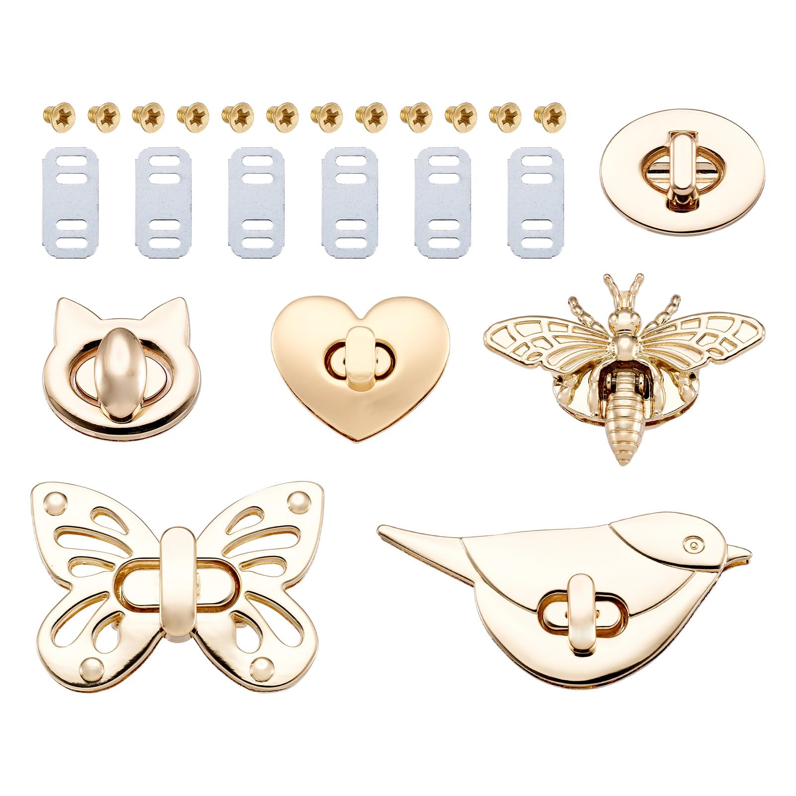 Pandahall 6sets/Box Light Gold Metal Bag Twist Lock Mixed Shape Handbag Purse Clutches Closures Turn Lock for Women Girl Leathercraft Accessories DIY Craft Findings Decoration