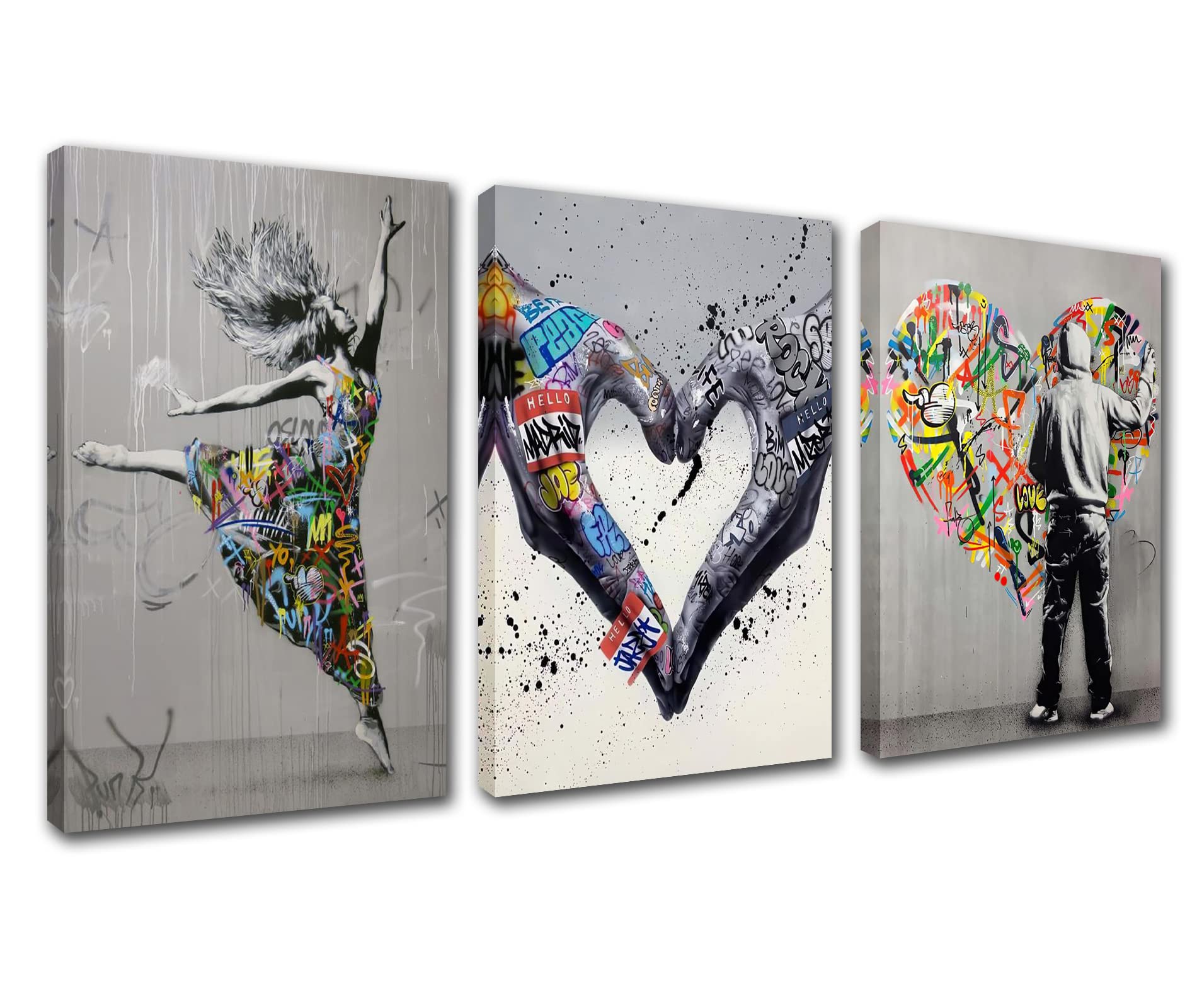 Norse Street Art Decor Banksy Graffiti Pictures Colorful Love Word Paintings Boy and Girl Artwork 3 Panels Canvas Wall Art Living Room Home Modern Decor Framed Giclee Ready to Hang(42''W x 20''H)