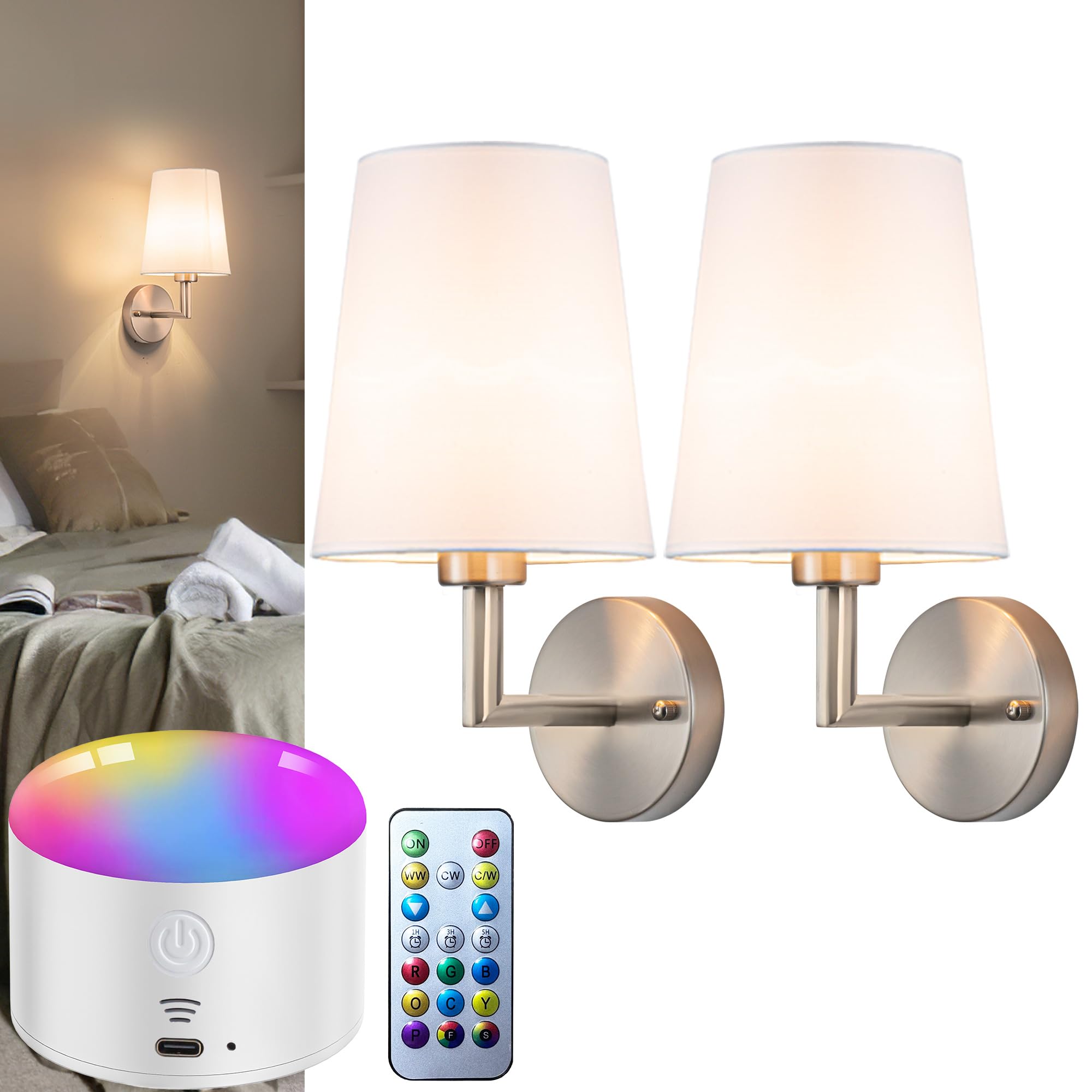 Photo 1 of Battery Operated Wall Sconces Set Of Two, 10000mAh Rechargeable Wireless Wall Lights with Remote Control, 10 RGB Dimmable Sconce Wall Decor For Bedroom Living Room Hallway, No Electrician Required