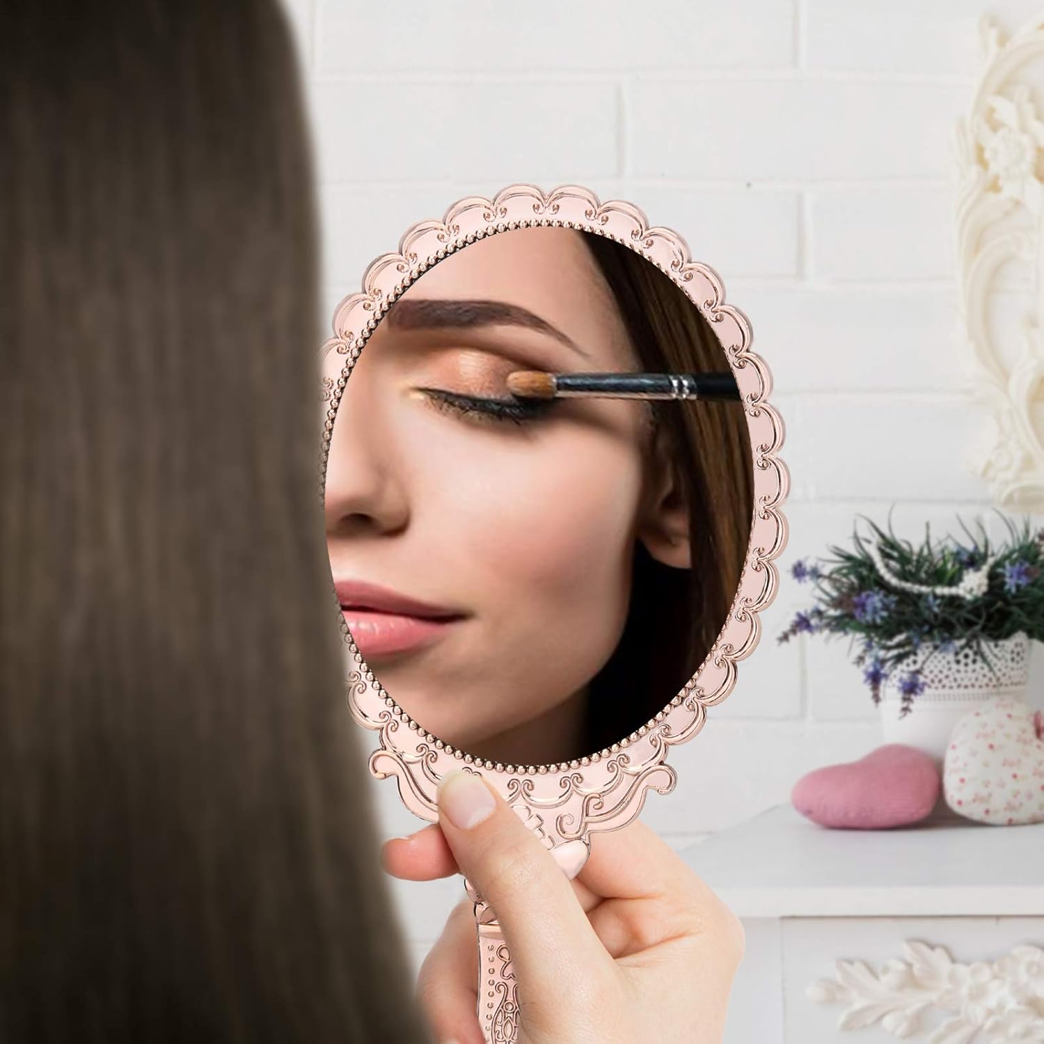 YUSONG Vintage Handheld Mirror, Small Hand Held Decorative Mirrors for Face Makeup Embossed Flower Portable Antique Travel Personal Cosmetic Mirror with Powder Puff (Rose Gold): Beauty