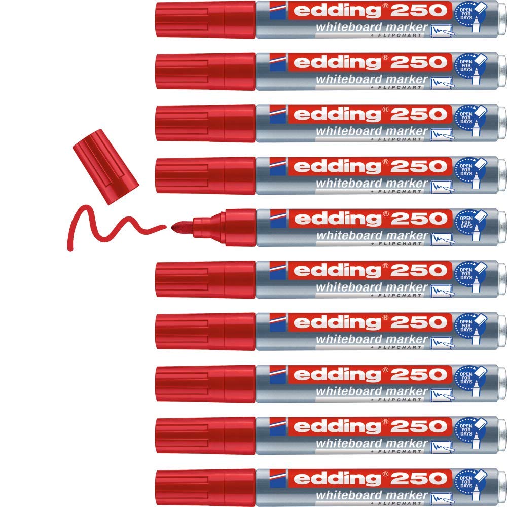 edding 250 whiteboard marker - red - 10 whiteboard pens - round tip 1.5-3 mm - whiteboard pen dry wipe - for whiteboards, flipcharts, pinboards, magnetic and memo boards - sketchnotes - refillable