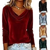 HswsEJ Cowl Neck Tops for Women Trendy Draped Long Sleeve Velvet Top Elegant Fall Winter Tunic Shirt Casual Dressy Blouses
