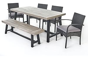 Christopher Knight Home Louise Outdoor Wicker Dining Set with Acacia Wood Table and Bench and Water Resistant Cushions, 6-Pcs Set, Sandblast Light Grey / Black Rustic Metal / Grey / Grey Cushions