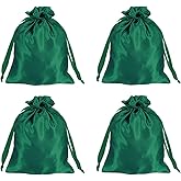 MECCANIXITY Satin Bags with Drawstring, 6x8 Inch Wedding Favor Bag Mini Gift Packaging Bag for Birthday Christmas Jewelry Party (Green, Pack of 4)