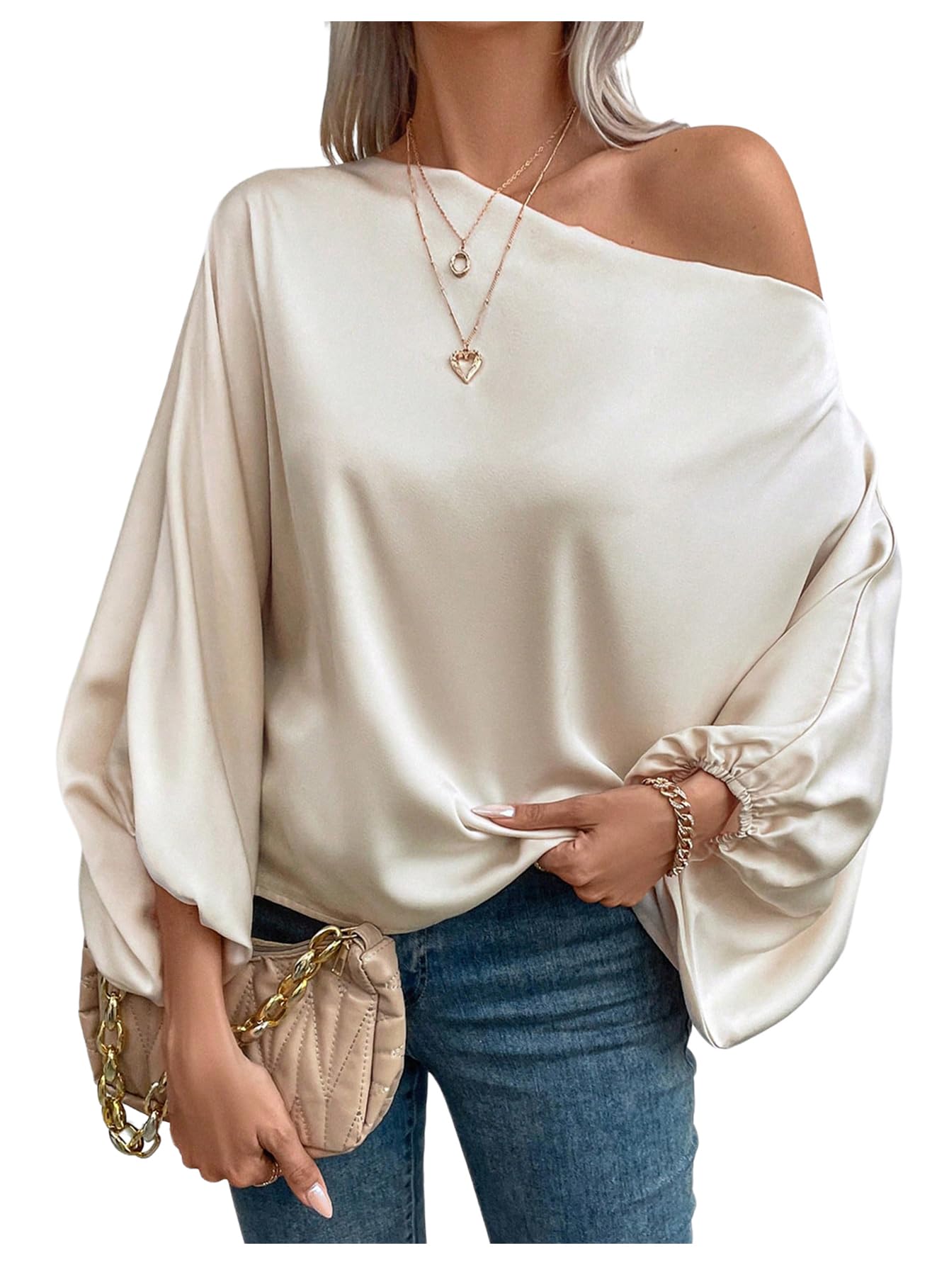 Photo 1 of Verdusa Off The Shoulder Blouses for Women 3/4 Length Sleeve Tops Dressy Casual Blouse Apricot X-Large