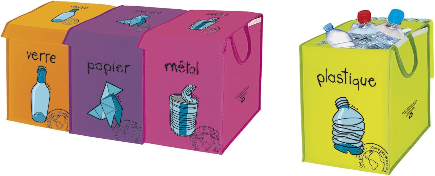 Design France set of 4 recycling 36L bags for glass, paper, plastic & metal - multicoloured
