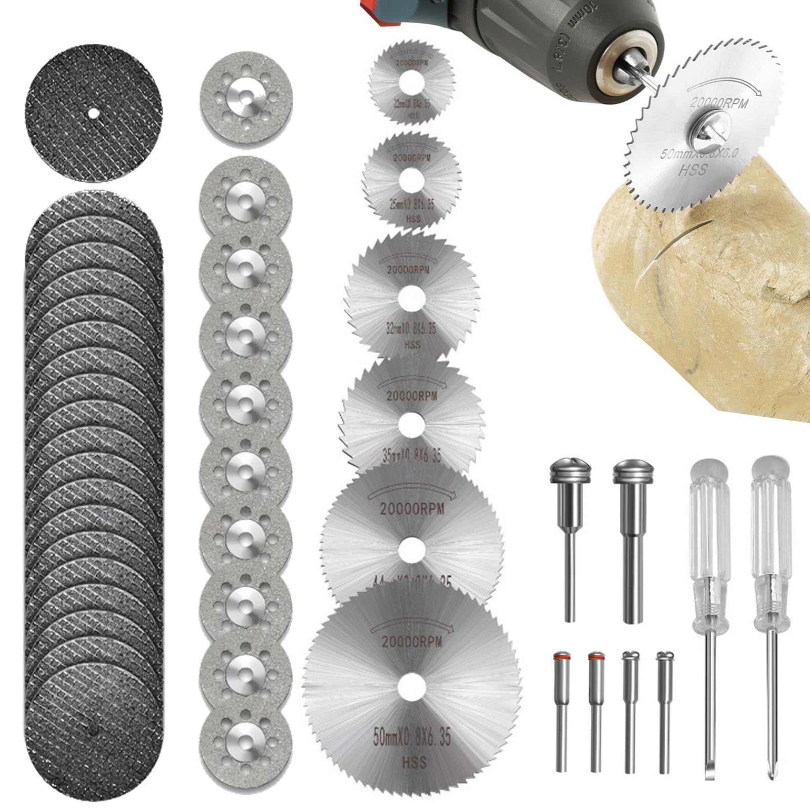 44 Pcs Rotary Cutter Blades, 6 Circular Saw Blades 20 Resin Cutting Discs 10 Diamond Cutting Disc with 6 Shank and 2 Screwdrivers for Wood Glass Metal