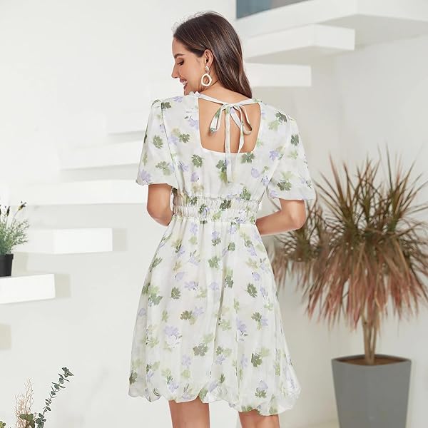 UTOKOTO WOMEN’S GARDEN SUMMER BOHO DRESSES RUFFLED ROUND NECK PLEATED SLEEVE TIE BACK STRAP IMPERIAL WAIST BEACH FLORAL MINI SKIRT (US, ALPHA (ALPHA), S, REGULAR, LIGHT GREEN), SMALL