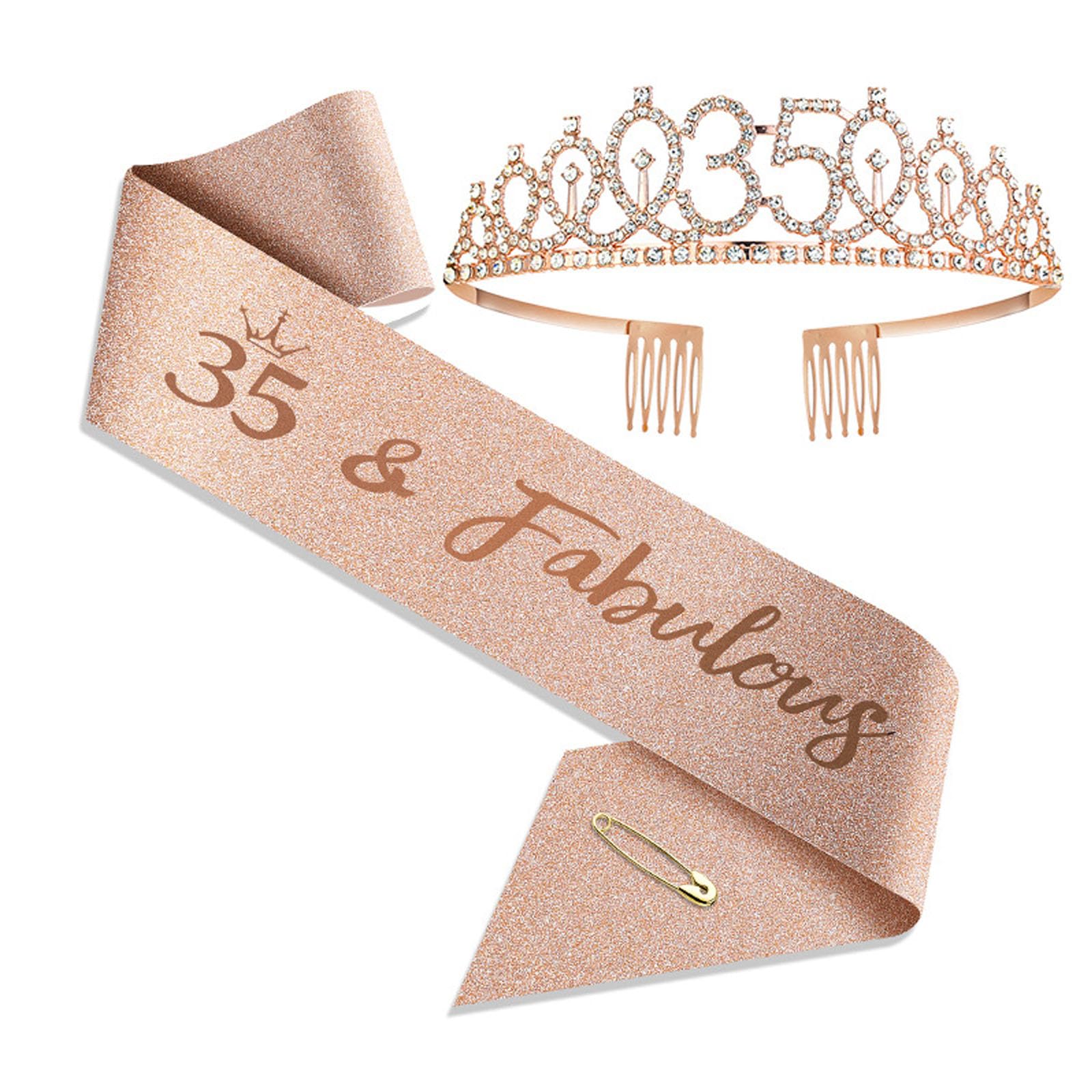 JOUWUI 35 Fabulous Sash and Rhinestone Tiara Set, 35th Rose Gold Rhinestone Crowns and Sash for Women, 35th Birthday Decorations for Her — image 1
