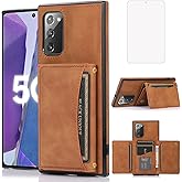 Design for Samsung Galaxy Note 20 Wallet Case with Tempered Glass Screen Protector PU Leather Credit Card Holder Slot Phone Cases Kickstand Shockproof Protective Cover for Women 6.7 inch Brown